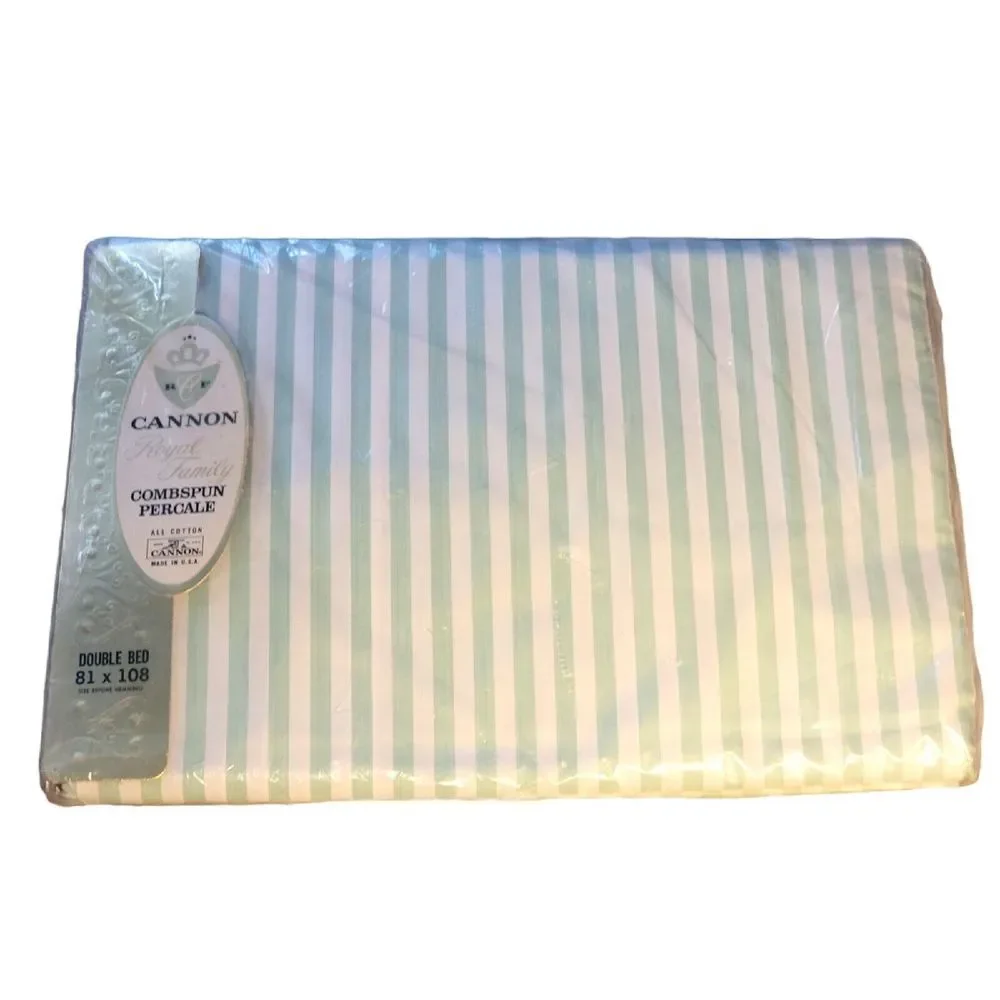 New‎ Vintage Cannon Green & White Striped Combspun Percale Double Bed Flat Sheet